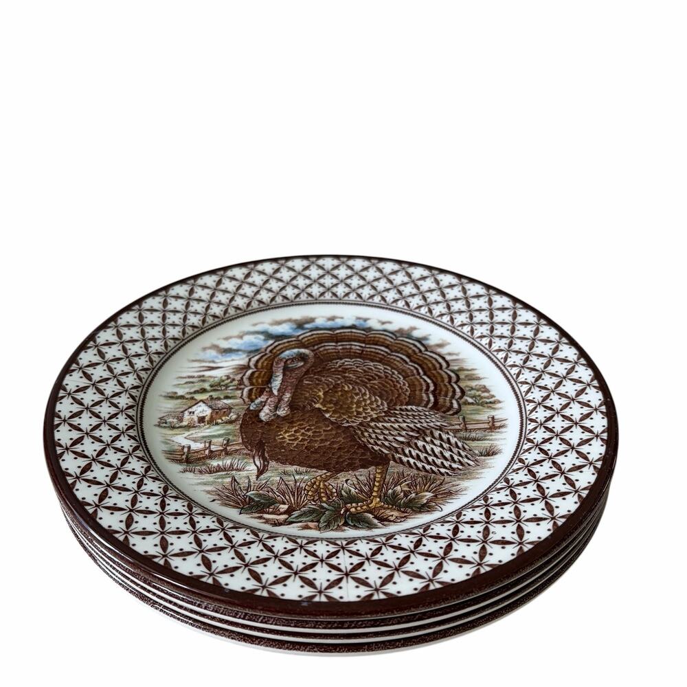 4 Royal Stafford Thanksgiving TURKEY Porcelain Salad Plates 8in England NEW - Picture 5 of 11